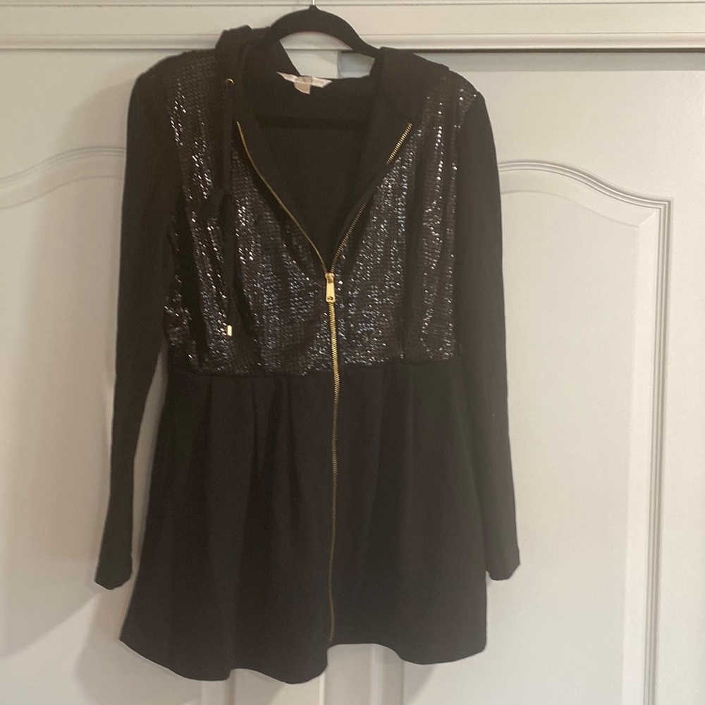 Gently used Boston Proper black with sequence jacket with a hood and gold zipper